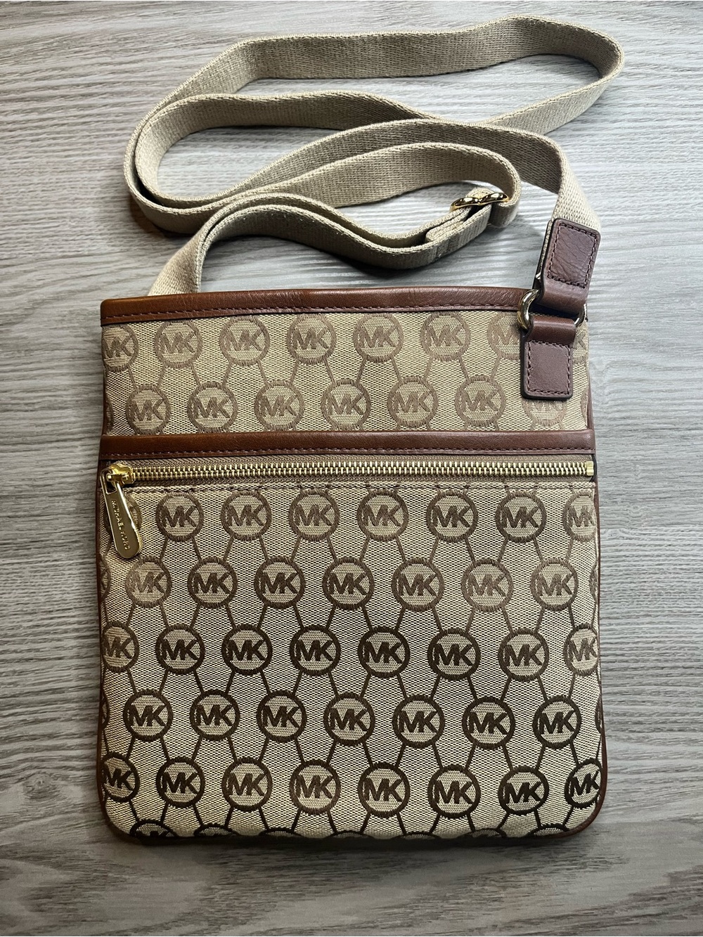 Michael Kors Brown Leather-Trim Shoulder Bag with Gold Hardware